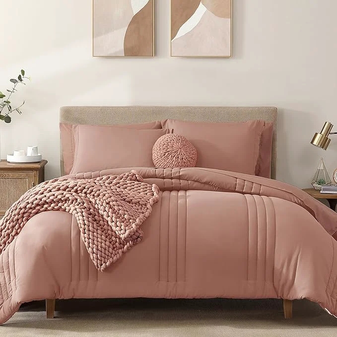 Exclusive Monbix King Size Comforter Set – 7 Pieces Bed in a Bag King Clay Pink Bedding Sets with Comforter All Seasons Comforter Bed Set with Sheets Pillowcases amp Shams Detailed