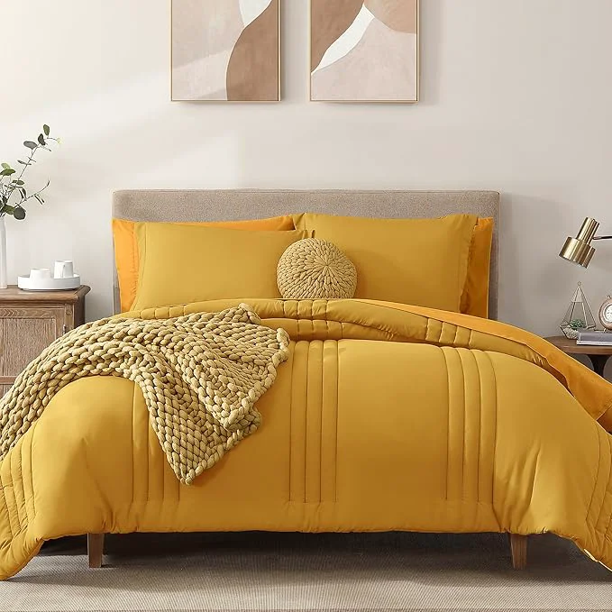 Solid Monbix King Size Comforter Set – 7 Pieces Bed in a Bag King Bright Yellow Bedding Sets with Comforter All Seasons Comforter Bed Set with Sheets Pillowcases amp Shams Recyclable