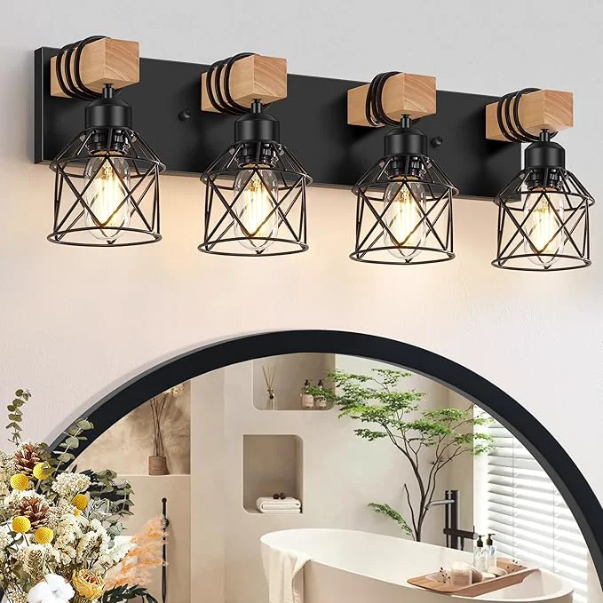 Long-Lasting FadimiKoo 4-Light Rustic Style Wood Bathroom Vanity Light Fixtures Farmhouse Superior