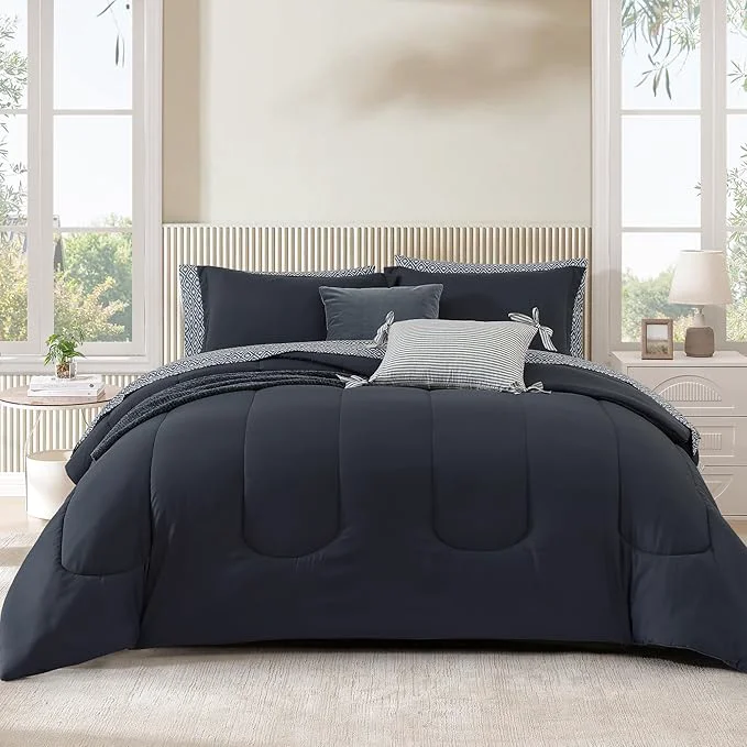 Professional Monbix King Size Comforter Set – 7 Pieces Bed in a Bag King Blue Grey Track Stitching Bedding Sets with Comforter All Seasons Comforter Bed Set with Sheets Pillowcases amp Shams Contemporary