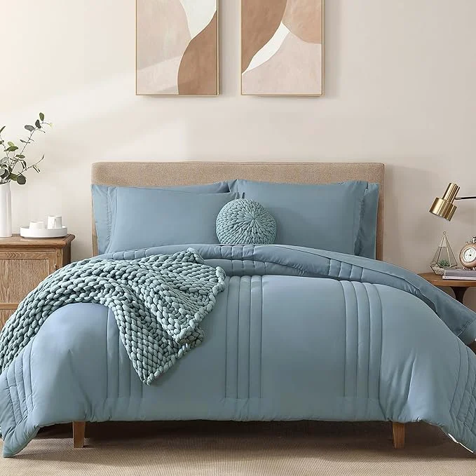 Breathable Monbix Queen Comforter Set – 7 Pieces Dusty Blue Bed in a Bag Queen Bedding Sets with Comforters All Seasons Comforter Bed Set with Sheets Pillowcases amp Shams Secure