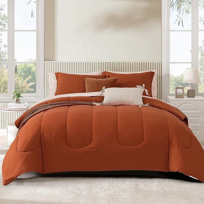World-Class Monbix King Size Comforter Set – 7 Pieces Bed in a Bag King Burnt Orange Track Stitching Bedding Sets All Seasons Comforter Bed Set with Sheets Clean