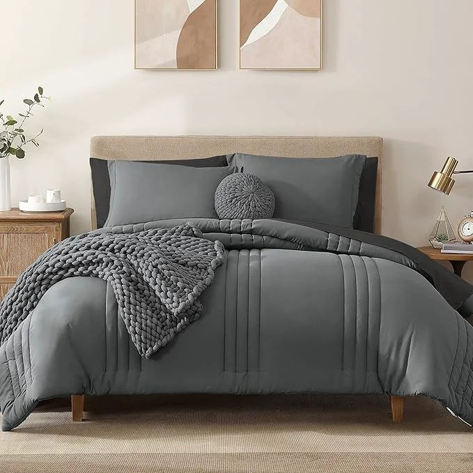 Secure Monbix Full Comforter Set – 7 Pieces Grey Bed in a Bag Full Size Bedding Sets with Comforters All Seasons Comforter with Sheets Pillowcases amp Shams Elite
