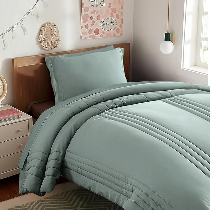 Detailed Monbix Twin XL Size Comforter Set – Extra Long 5 Pieces Dorm Bedding Sets Quilting Design Fluffy Bed in a Bag Twin XL with Sheets Pillowcase amp Sham Sage Green Expertly Made