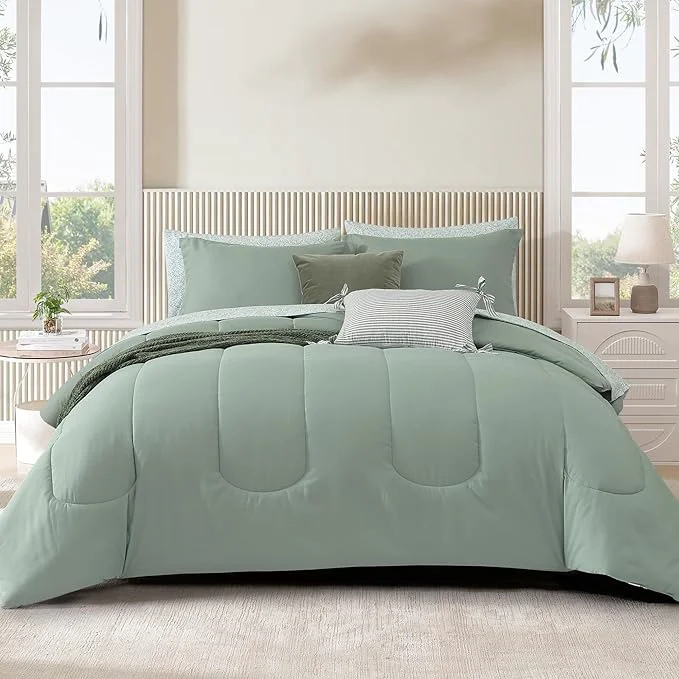 Soft Monbix Queen Comforter Set – 7 Pieces Sage Green Bed in a Bag Queen Track Stitching Bedding Sets All Seasons Comforter Bed Set with Sheets Pillowcases amp Shams Selected