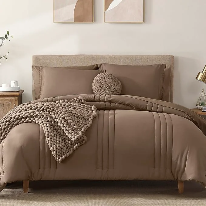 Traditional Monbix Queen Comforter Set – 7 Pieces Raw Umber Bed in a Bag Queen Bedding Sets with Comforters All Seasons Comforter Bed Set with Sheets Pillowcases amp Shams Original Design