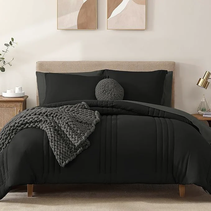 Verified Monbix Queen Comforter Set – 7 Pieces Black Bed in a Bag Queen Bedding Sets with Comforters All Seasons Comforter Bed Set with Sheets Pillowcases amp Shams High-Quality