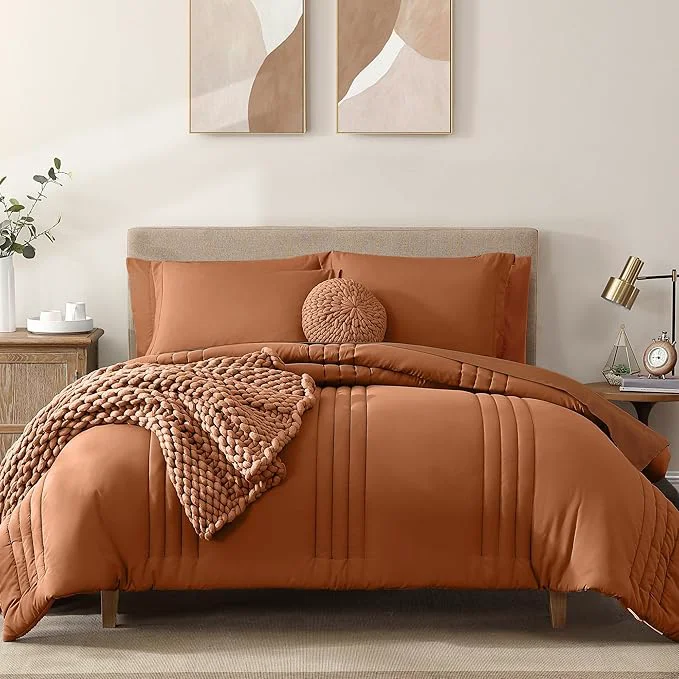 Breathable Monbix Super King Plus Size Comforter Set – 7 Pieces Burnt Orange Bed in a Bag Super King Plus Bedding Sets with Comforters All Seasons Comforter Bed Set with Sheets Pillowcases amp Shams Selected