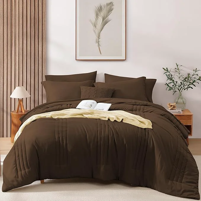 Certified Monbix Full Comforter Set – 7 Pieces Chocolate Brown Bed in a Bag Full Size Bedding Sets with Comforters All Seasons Comforter with Sheets Pillowcases amp Shams Environmentally Friendly