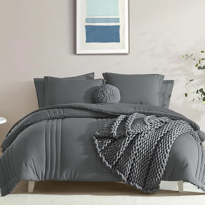 Luxury Monbix Twin XL Size Comforter Set – Extra Long 5 Pieces Dorm Bedding Sets Quilting Design Fluffy Bed in a Bag Twin XL with Sheets Pillowcase amp Sham Grey Effective