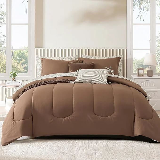 Environmentally Friendly Monbix Full Comforter Set – 7 Pieces Brown Bed in a Bag Full Size Track Stitching Bedding Sets All Seasons Comforter with Sheets Pillowcases amp Shams High-End
