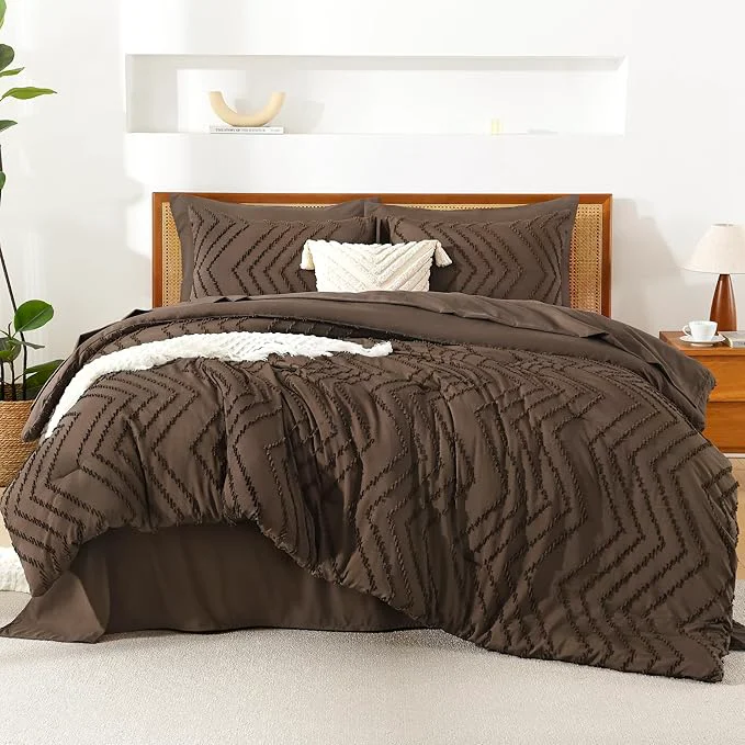 Elegant Litanika Queen Size Comforter Set with Sheets Brown – 7 Pieces Bed in a Bag Queen Chevron Tufted Complete Bedding Sets with Comforter Sheets Pillowcases amp Shams Consistent
