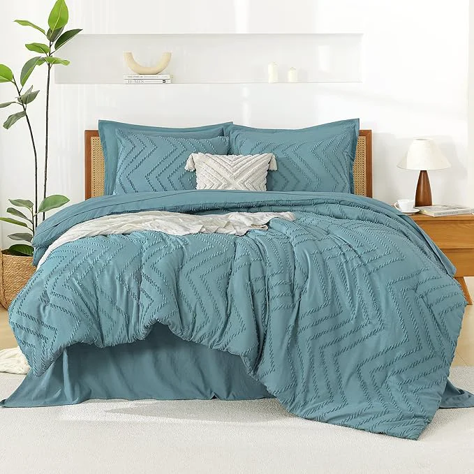 Refined Litanika Grayish Teal California King Size Comforter Set with Sheets – 7 Pieces Bed in a Bag California King Boho Tufted Complete Bedding Sets with Comforter Sheets Pillowcases amp Shams High-Performance