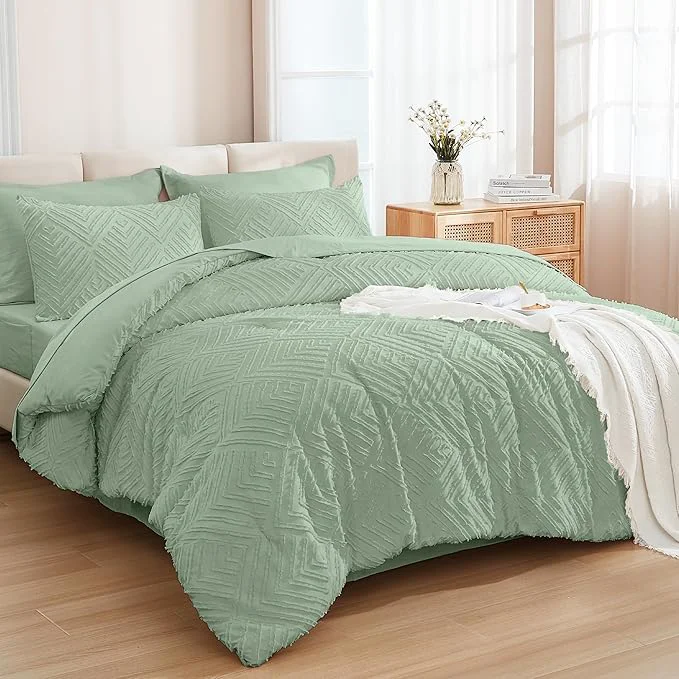 Genuine Andency Super King Plus Comforter Set Sage Green – 7 Pieces Bed in a Bag Oversized King Bedding Sets Boho Tufted Lightweight Fluffy Bed Set with Comforter Sheets Pillowcases amp Shams Certified