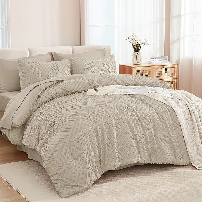 Green Andency California King Comforter Set Oatmeal – 7 Pieces Bed in a Bag Cal King Bedding Comforter Sets Tufted Lightweight Fluffy Bed Set with Comforter Sheets Pillowcases amp Shams Relaxed