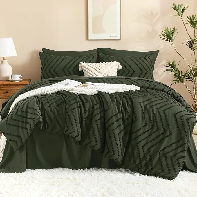 Artisan Litanika King Size Comforter Set with Sheets Dark Olive Green – 7 Pieces Bed in a Bag King Chevron Tufted Complete Bedding Sets with Comforter Sheets Pillowcases amp Shams Quality