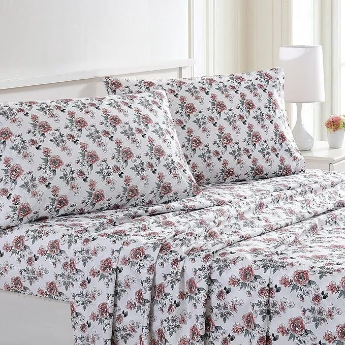 Environmentally Friendly Modern Threads Printed 4-Piece Extra Soft Bedding Sheets amp Pillowcase Set Deep Pocket up to 16 inch Mattress Rose Bloom Full Traditional