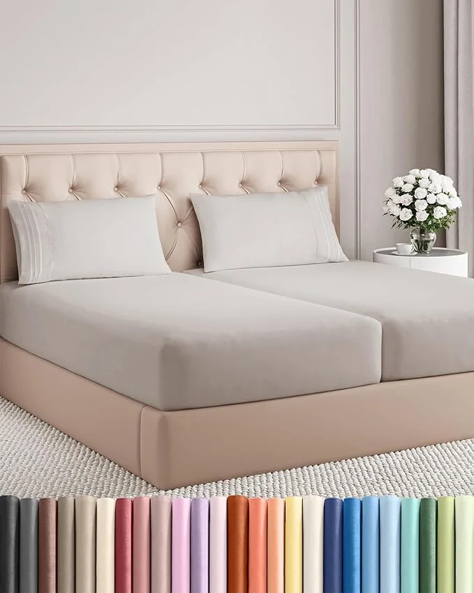 Selected Split King Size 5 Piece Sheet Set – Comfy Breathable amp Cooling Bed Sheets Set – Hotel Luxury Bedding for Women Men Kids Teens Boys amp Girls – Deep Pockets and Wrinkle – Oeko-Tex – Light Grey Natural