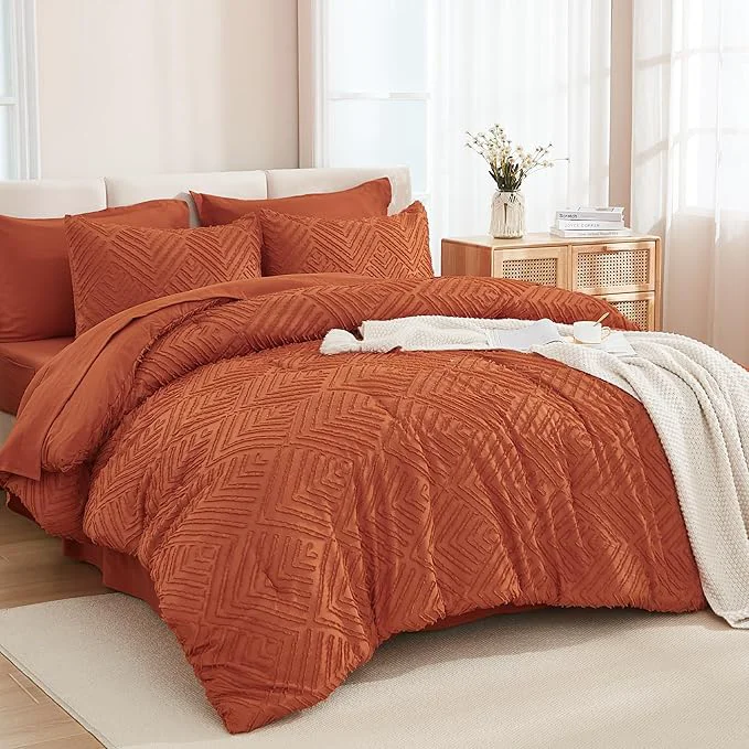 Artisan Andency Super King Comforter Set Burnt Orange – 7 Piece Oversized King Bed in a Bag Boho Terracotta Tufted Bedding Sets Rust Bed Set with Comforter Sheets Pillowcases amp Shams Optimized
