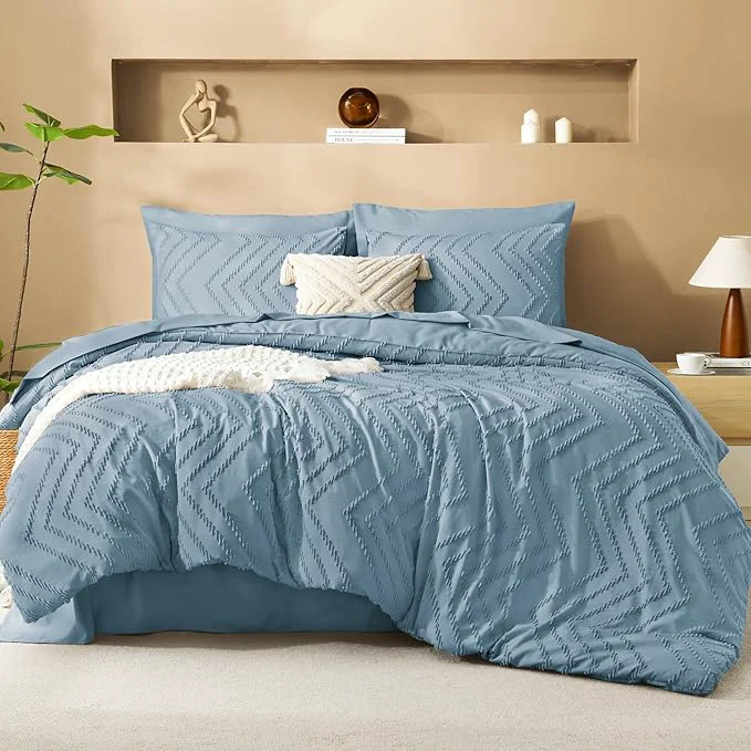 Superior Litanika Twin XL Comforter Set Dusty Blue – Boho Tufted Shabby Chic Bed in a Bag for College Dorm 5 Pieces Fluffy Soft Farmhouse Bed Set for All Seasons Stylish