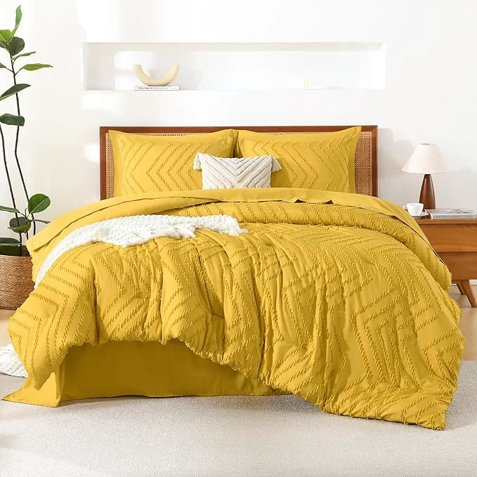 Contemporary Litanika Queen Size Comforter Set with Sheets Mustard Yellow – 7 Pieces Bed in a Bag Queen Chevron Tufted Complete Bedding Sets with Comforter Sheets Pillowcases amp Shams Carefully Designed