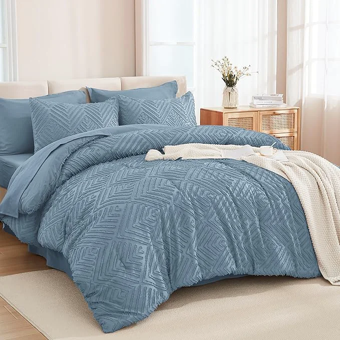 Durable Andency California King Comforter Set Grayish Blue – 7 Pieces Bed in a Bag Cal King Bedding Comforter Sets Tufted Lightweight Fluffy Bed Set with Comforter Sheets Pillowcases amp Shams High-Grade
