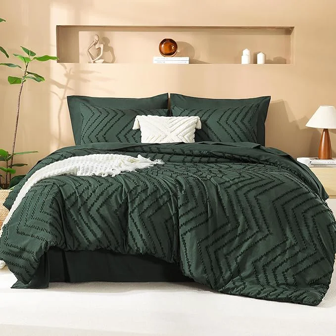 Breathable Litanika Forest Green Queen Size Comforter Set with Sheets – 7 Pieces Bed in a Bag Queen Boho Tufted Complete Bedding Sets with Comforter Sheets Pillowcases amp Shams Pure