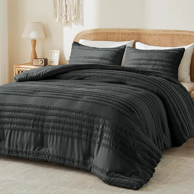 Modern BEDELITE Boho Comforter Set Queen Size Dark Grey Tufted Striped Bed Set 3 Pieces Soft Vintage Farmhouse Comforter for All Seasons Boho Home Decor Fluffy Jacquard Bedding with 2 Pillow Shams Verified