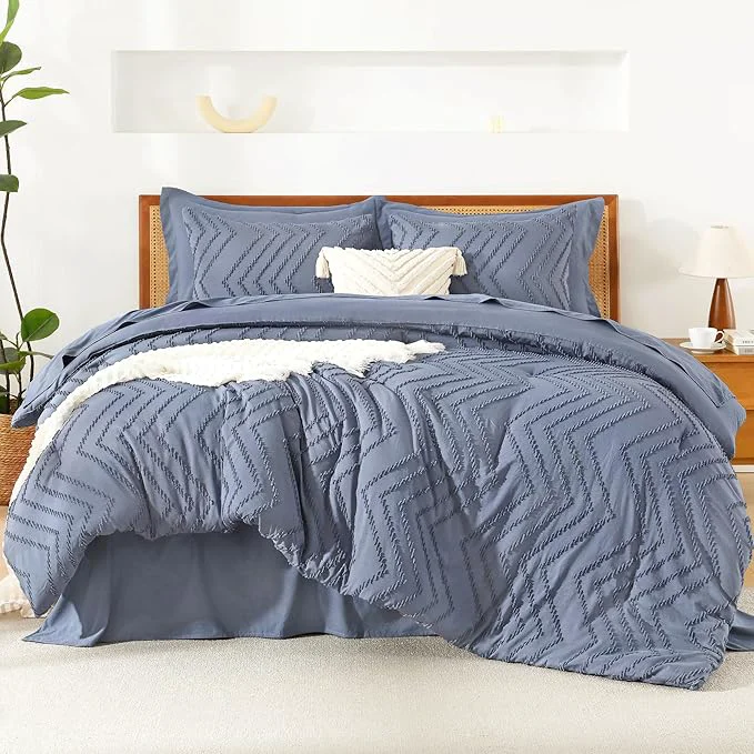 Natural Litanika Full Size Comforter Set with Sheets Bluish Grey – 7 Pieces Bed in a Bag Full Chevron Tufted Complete Bedding Sets with Comforter Sheets Pillowcases amp Shams High-Grade