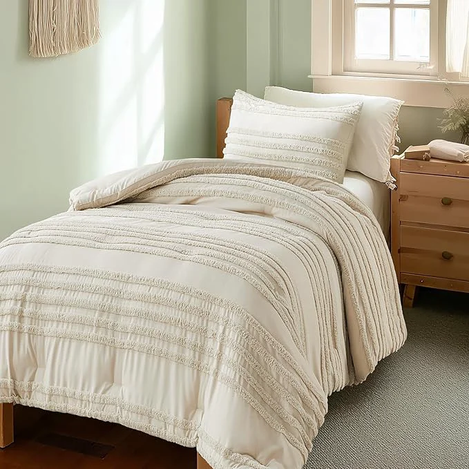 Long-Lasting BEDELITE Boho Twin Twin XL Comforter Set，Beige Tufted Striped Bed Set 2 Pieces Soft Vintage Farmhouse Comforter for College Boho Home Dorm Decor Fluffy Jacquard Bedding with 1 Pillow Sham Original