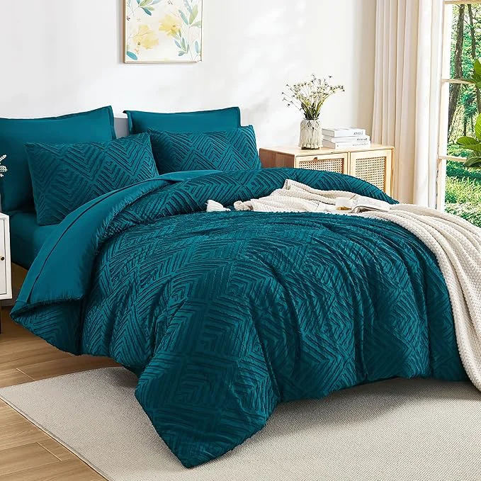 Original Design Andency King Size Comforter Set 7 Pieces Teal – Bed in a Bag King Boho Lightweight Fluffy Tufted Bedding Sets with Quilt Comforter Sheets Pillowcases amp Shams Pure