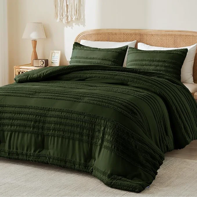Classic BEDELITE Boho Comforter Set Queen Size Olive Green Tufted Striped Bed Set 3 Pieces Soft Vintage Farmhouse Comforter for All Seasons Boho Home Decor Fluffy Jacquard Bedding with 2 Pillow Shams Effective