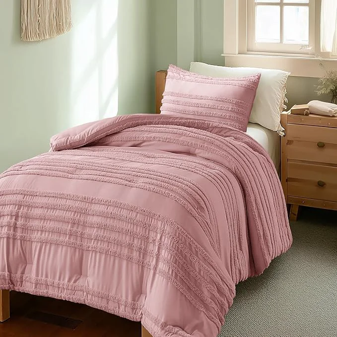 Expertly Made BEDELITE Boho Twin Twin XL Comforter Set，Dusty Pink Tufted Striped Bed Set 2 Pieces Soft Vintage Farmhouse Comforter for College Boho Home Dorm Decor Fluffy Jacquard Bedding with 1 Pillow Sham Practical