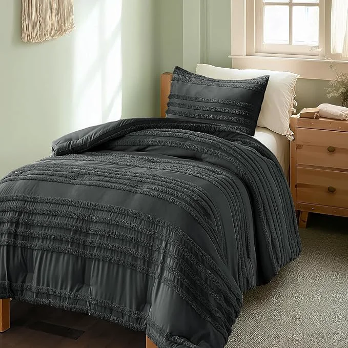 Pure BEDELITE Boho Twin Twin XL Comforter Set，Dark Grey Tufted Striped Bed Set 2 Pieces Soft Vintage Farmhouse Comforter for College Boho Home Dorm Decor Fluffy Jacquard Bedding with 1 Pillow Sham Reliable
