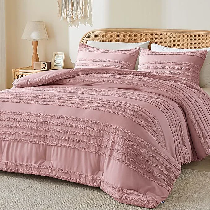 Fine Crafted BEDELITE Boho Comforter Set Queen Size Dusty Pink Tufted Striped Bed Set 3 Pieces Soft Vintage Farmhouse Comforter for All Seasons Boho Home Decor Fluffy Jacquard Bedding with 2 Pillow Shams Casual