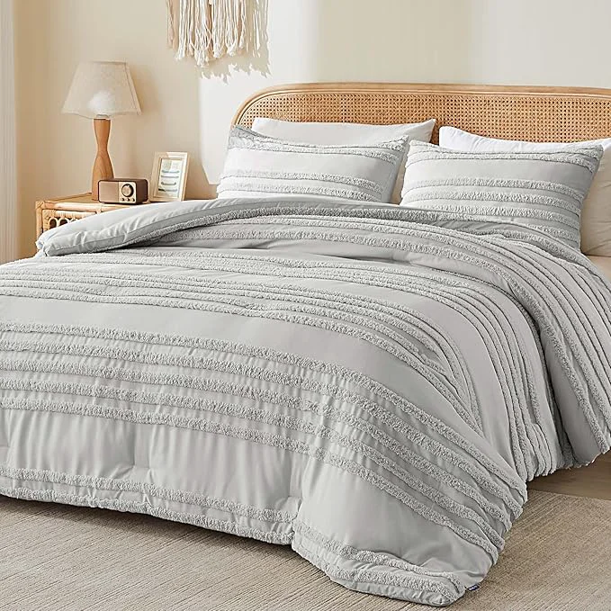 Sustainable BEDELITE Boho King Size Comforter Set – Light Grey Tufted Striped Bed Set 3 Pieces Soft Vintage Farmhouse Comforter for All Seasons Boho Home Decor Fluffy Jacquard Bedding with Pillow Sham Elite
