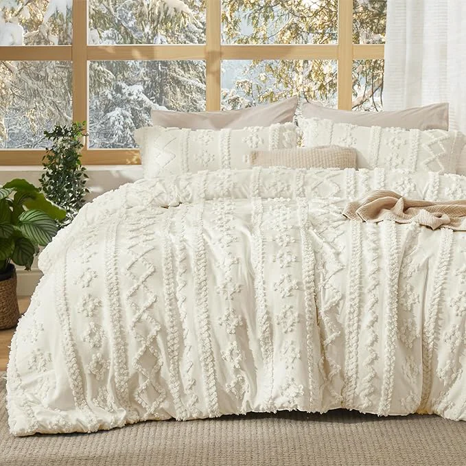 Quality Bedsure Tufted Boho Comforter Set Twin Size – Ivory Boho Bed Set GentleSoft™ 2 Pieces Farmhouse Shabby Chic Embroidery Bedding Gifts for Woman Soft Jacquard Twin Comforter for All Seasons Trusted