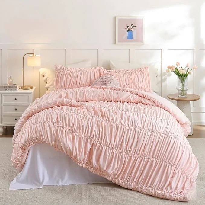 Clean weigelia Cinched Comforter Set Queen – 3PCS Soft Cozy Blush Pink Queen Bedding Set with Decorative Ruched Design Fluffy Lightweight All Season Cute Comforter for Elegant Home amp Bedroom Decor Versatile