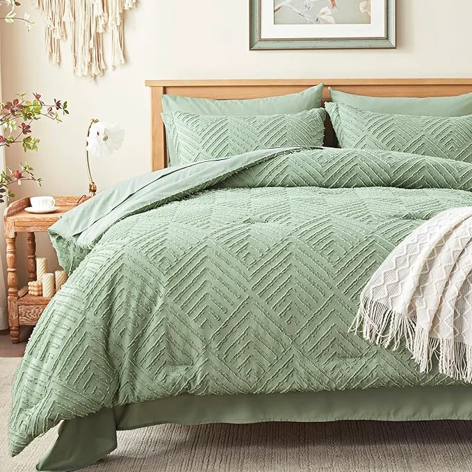 Minimalist Zzlpp Queen Comforter Set 7 pieces Sage Green Tufted Bed in a Bag with Comforter and Sheets All Season Boho Bedding Sets with 1 Comforter 2 Pillow Shams 2 Pillowcases 1 Flat Sheet 1 Fitted Sheet Safe