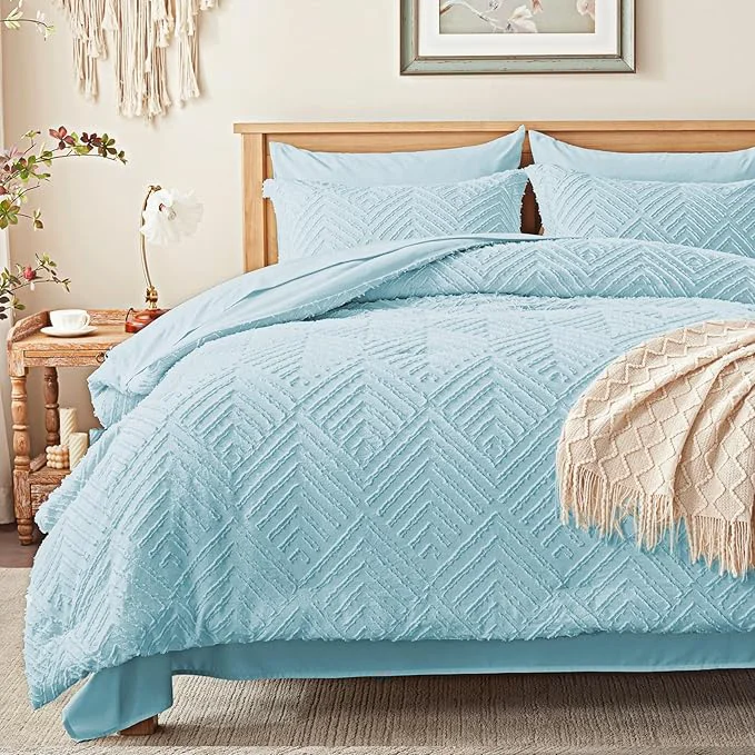 Reliable Zzlpp Queen Comforter Set 7 Pieces Light Blue Tufted Bed in a Bag with Comforter and Sheets All Season Boho Bedding Sets with Comforter 2 Pillow Shams 2 Pillowcases 1 Flat Sheet 1 Fitted Sheet Long-Lasting