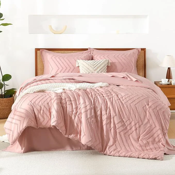 Minimalist Litanika Blush Pink California King Size Comforter Set with Sheets – 7 Pieces Bed in a Bag California King Boho Tufted Complete Bedding Sets with Comforter Sheets Pillowcases amp Shams Contemporary