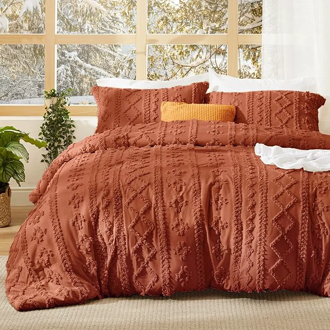 Secure Bedsure Tufted Boho Comforter Set Full Size – Terracotta Boho Bed Set GentleSoft™ 3 Pieces Farmhouse Shabby Chic Embroidery Bedding Gifts for Woman Soft Jacquard Full Comforter for All Seasons Stylish