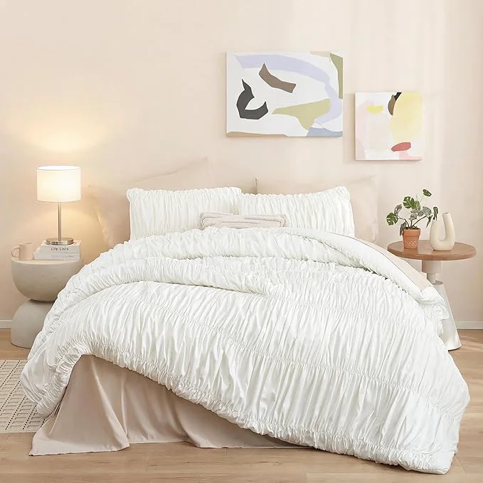 Sustainable weigelia Cream Comforter Set King – Textured Ruched Cream Ivory King Comforter Set Soft White Aesthetic Bedding with 2 Pillowcases 3 Piece Modern Organic Bedroom Comforter Set Innovative