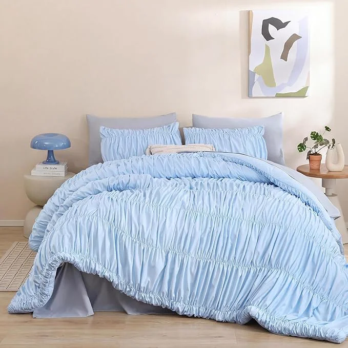 Premium weigelia Cinched Comforter Set Queen – Soft Ruched Bedding Set 3PCS Light Blue All-Season Fluffy Lightweight Comforter with Pillowcases for Bedroom Apartment amp Dorm Decor Expertly Made