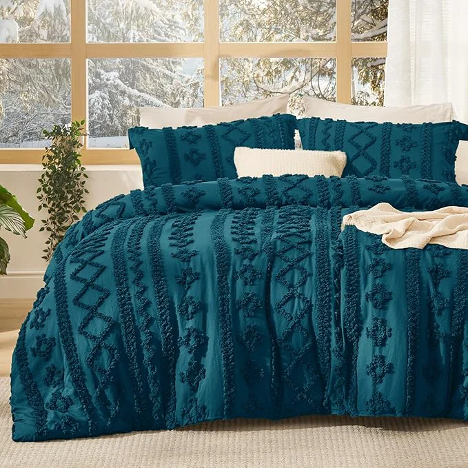 Solid Bedsure Tufted Boho Comforter Set Queen Size – Teal Boho Bed Set GentleSoft 3 Pieces Farmhouse Shabby Chic Embroidery Bedding Gifts for Woman Soft Jacquard Queen Comforter for All Seasons Innovative