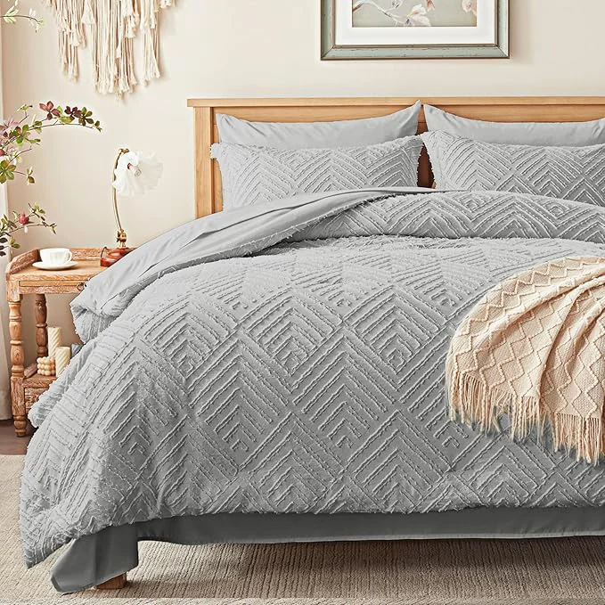Trendy Zzlpp Full Comforter Set 7 Pieces Light Grey Tufted Bed in a Bag with Comforter and Sheets All Season Boho Bedding Sets with Comforter 2 Pillow Shams 2 Pillowcases 1 Flat Sheet 1 Fitted Sheet Artisan