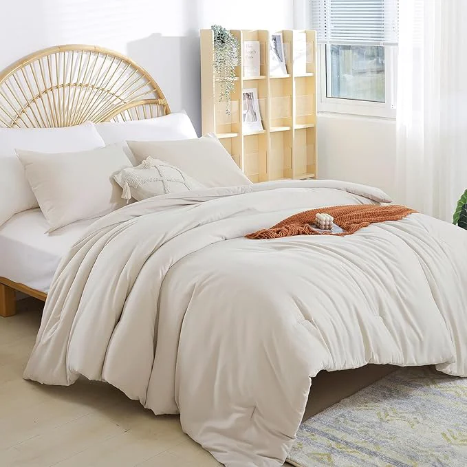 Convenient weigelia Beige Comforter Queen Size 3PCS Bed Comforter with 2 Pillowcases – Ligtweight Soft Solid All Season Queen Comforter Bed Set – Boho Aesthetic Bedding Set for Men and Women Elegant
