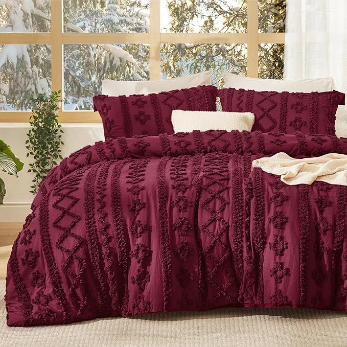 Comfortable Bedsure Tufted Boho Comforter Set Twin Size – Burgundy Boho Bed Set GentleSoft™ 2 Pieces Farmhouse Shabby Chic Embroidery Bedding Gifts for Woman Soft Jacquard Twin Comforter for All Seasons Refined