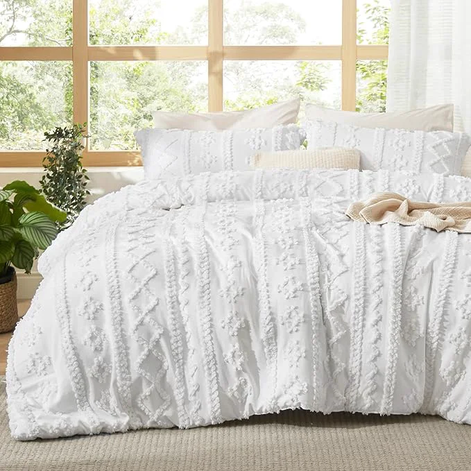 Official Bedsure Tufted Boho Comforter Set Full Size – Bright White Boho Bed Set GentleSoft™ 3 Pieces Farmhouse Shabby Chic Embroidery Bedding Gifts for Woman Soft Jacquard Full Comforter for All Seasons Organic