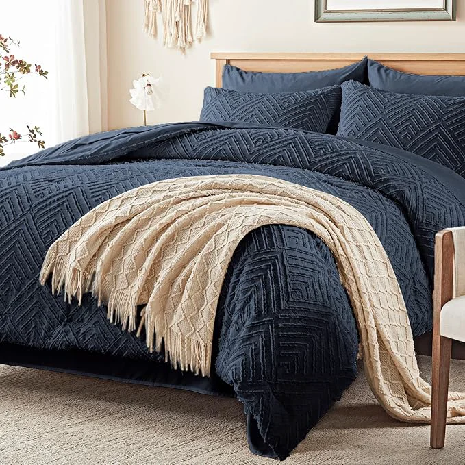 Original Design Zzlpp Full Comforter Set 7 Pieces Navy Blue Tufted Bed in a Bag with Comforter and Sheets All Season Boho Bedding Sets with Comforter 2 Pillow Shams 2 Pillowcases 1 Flat Sheet 1 Fitted Sheet Trusted
